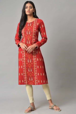 Red Paisley Printed Winter kurta