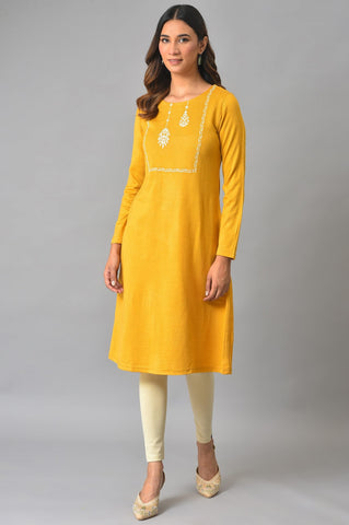 Yellow Winter kurta With Embroidered Yoke