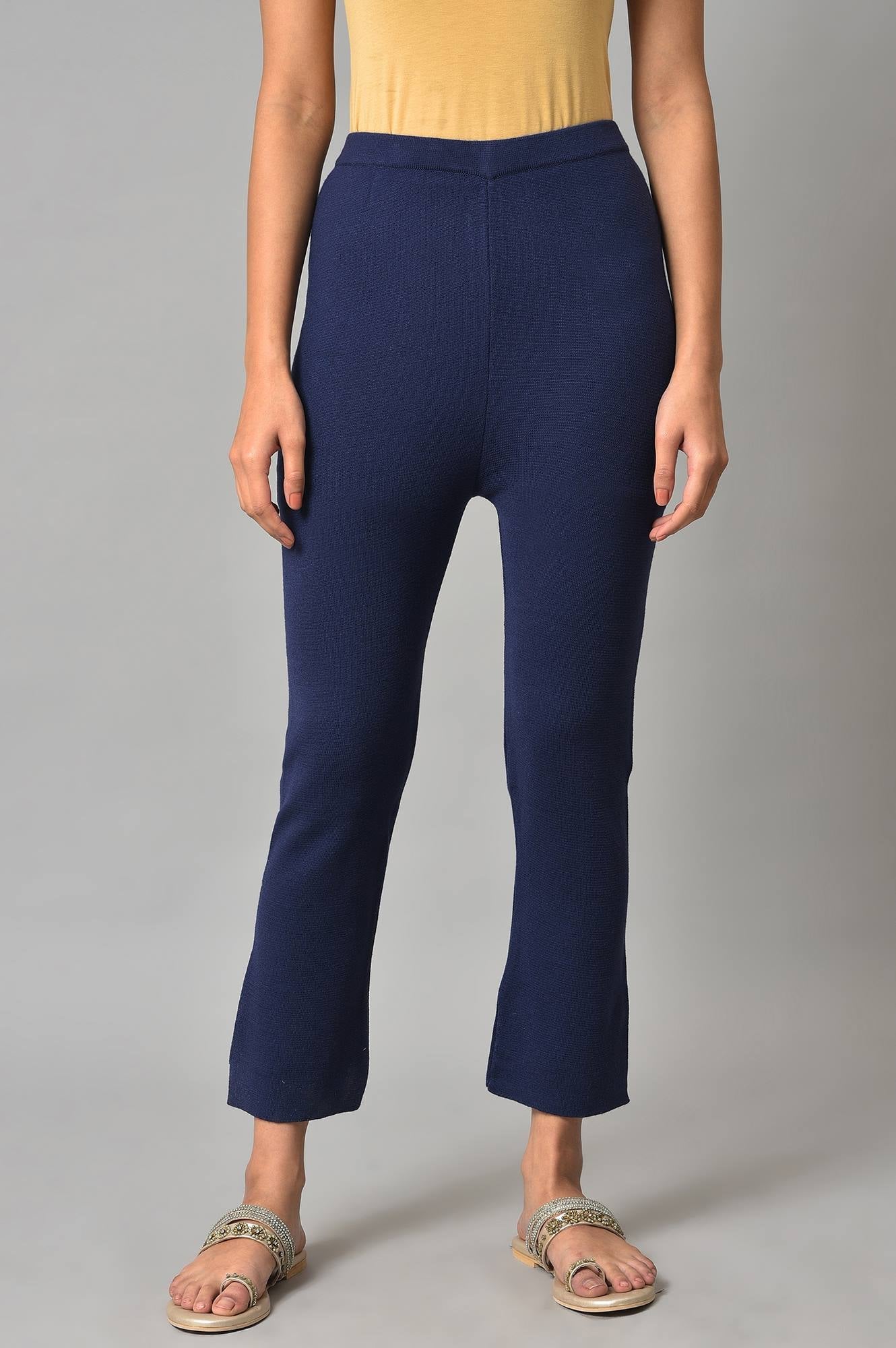 Blue Knitted Women Straight Pants