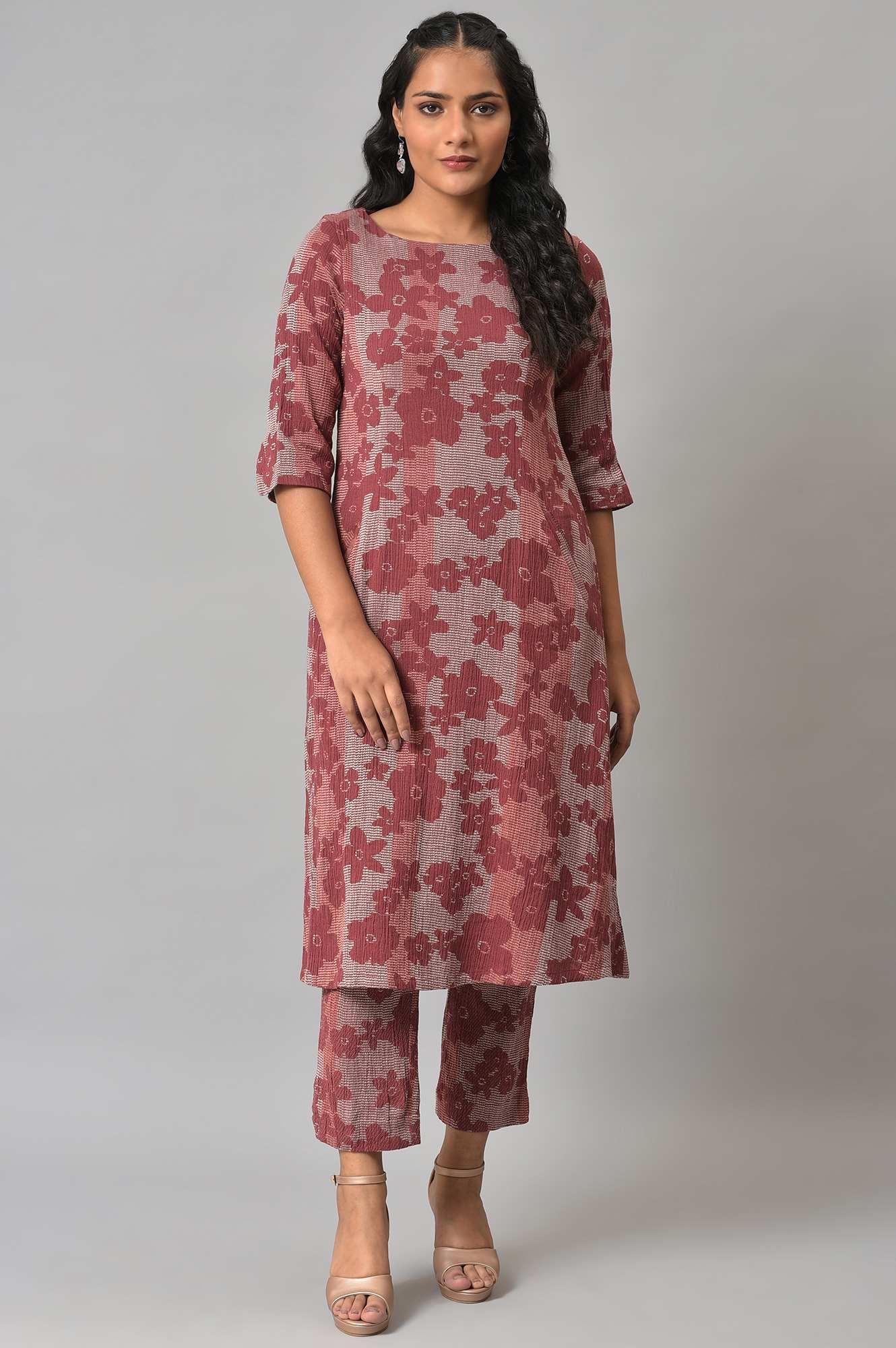 Brown Floral Printed kurta With Slim Pants