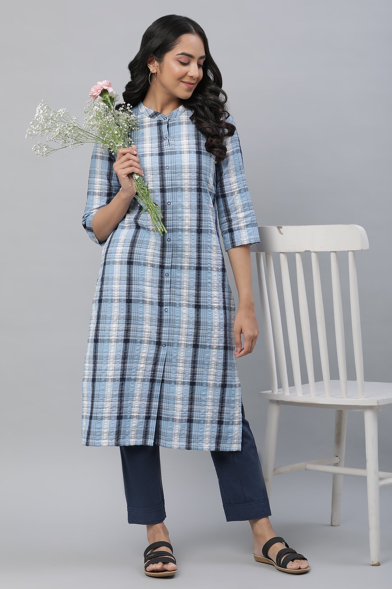 Blue Seer Sucker Checker Straight Kurta