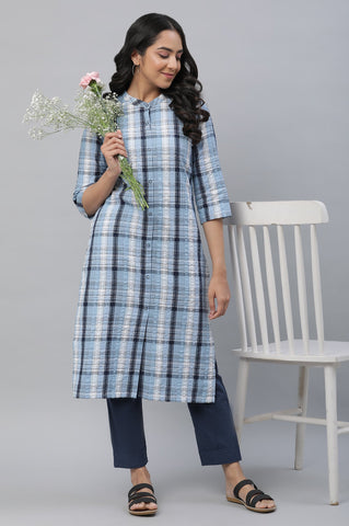 Blue Seer Sucker Checker Straight Kurta