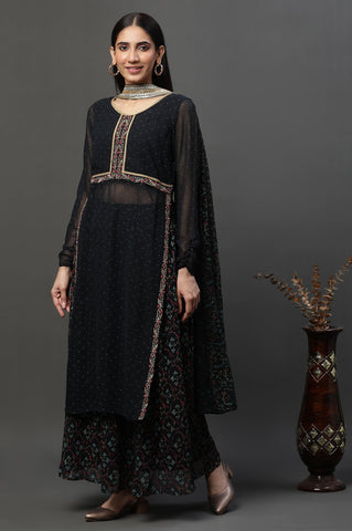 Black Sheer Embroidered High-Slit Kurta, Skirt and Choker Dupatta Set