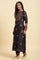 Navy Blue Chanderi Floral Printed Kurta, Pants and Organza Dupatta Set