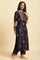 Navy Blue Chanderi Floral Printed Kurta, Pants and Organza Dupatta Set