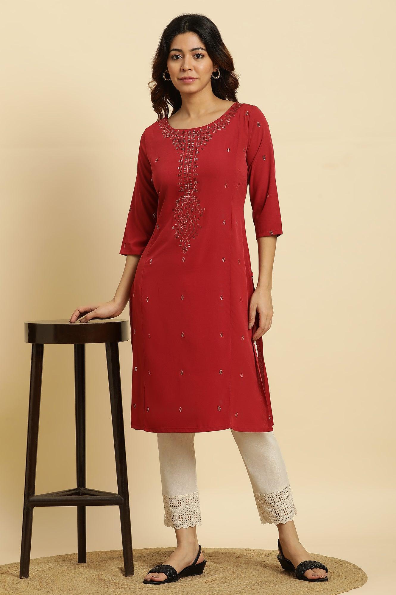 Red Mukaish Printed Festive Straight Kurta