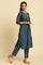 Blue Embroidered Shantung Kurta, Pants And Dupatta Set