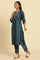 Blue Embroidered Shantung Kurta, Pants And Dupatta Set