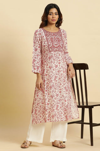 Beige And Red Floral Printed Summer Kurta