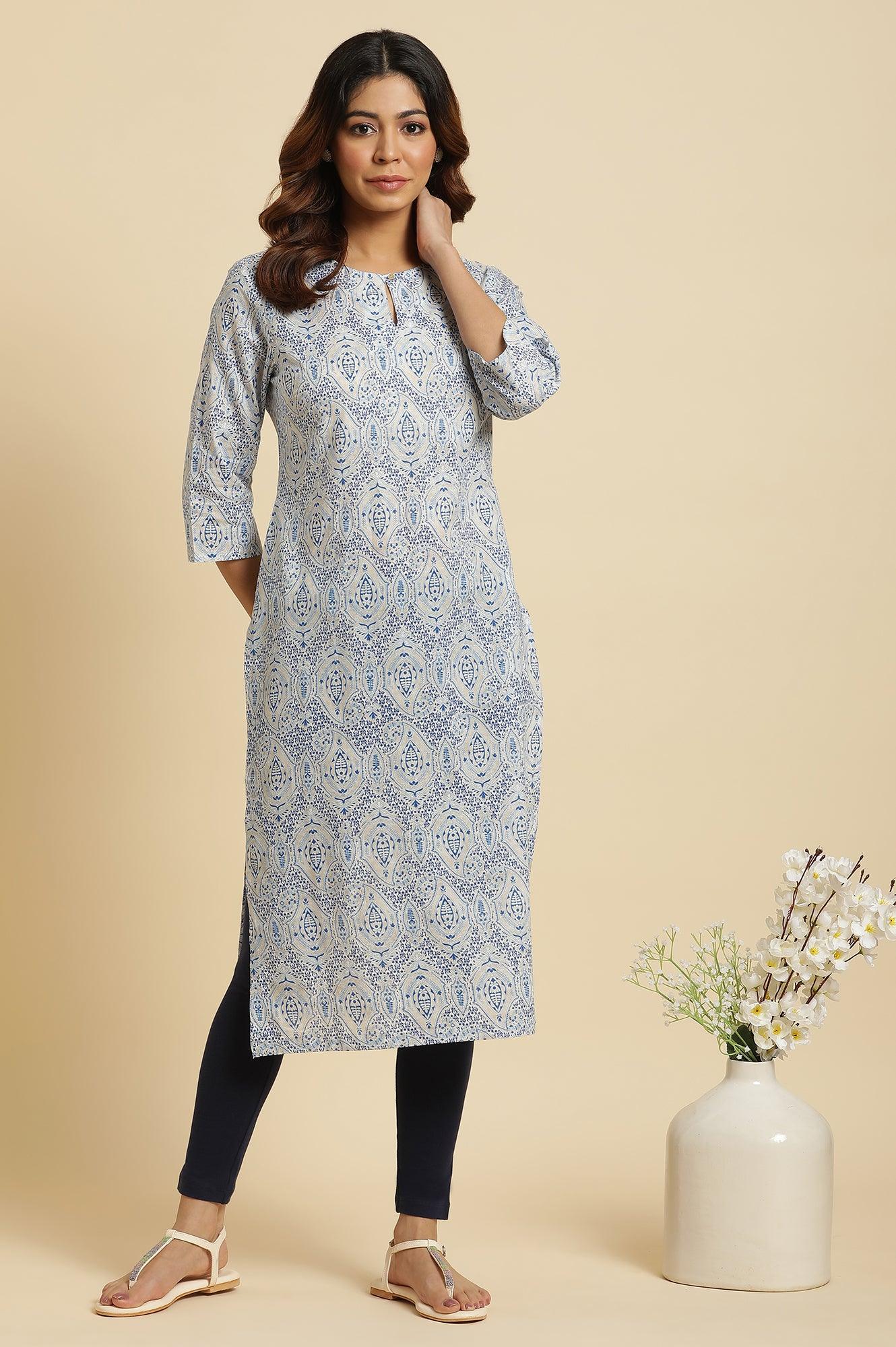 Blue Straight Cotton Kurta In Green Paisley Print