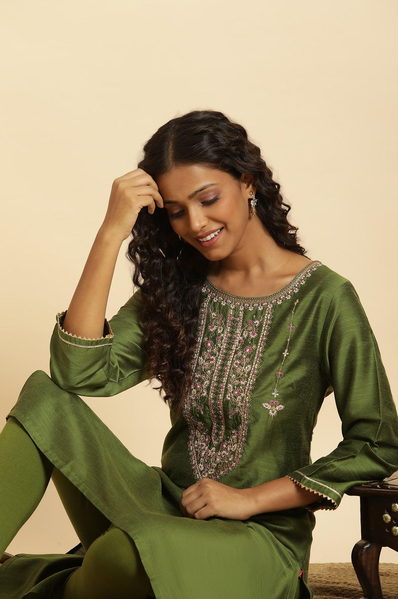 Green Zari Embroidered Festive Kurta