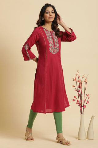 Maroon Embroidered Festive Kurta