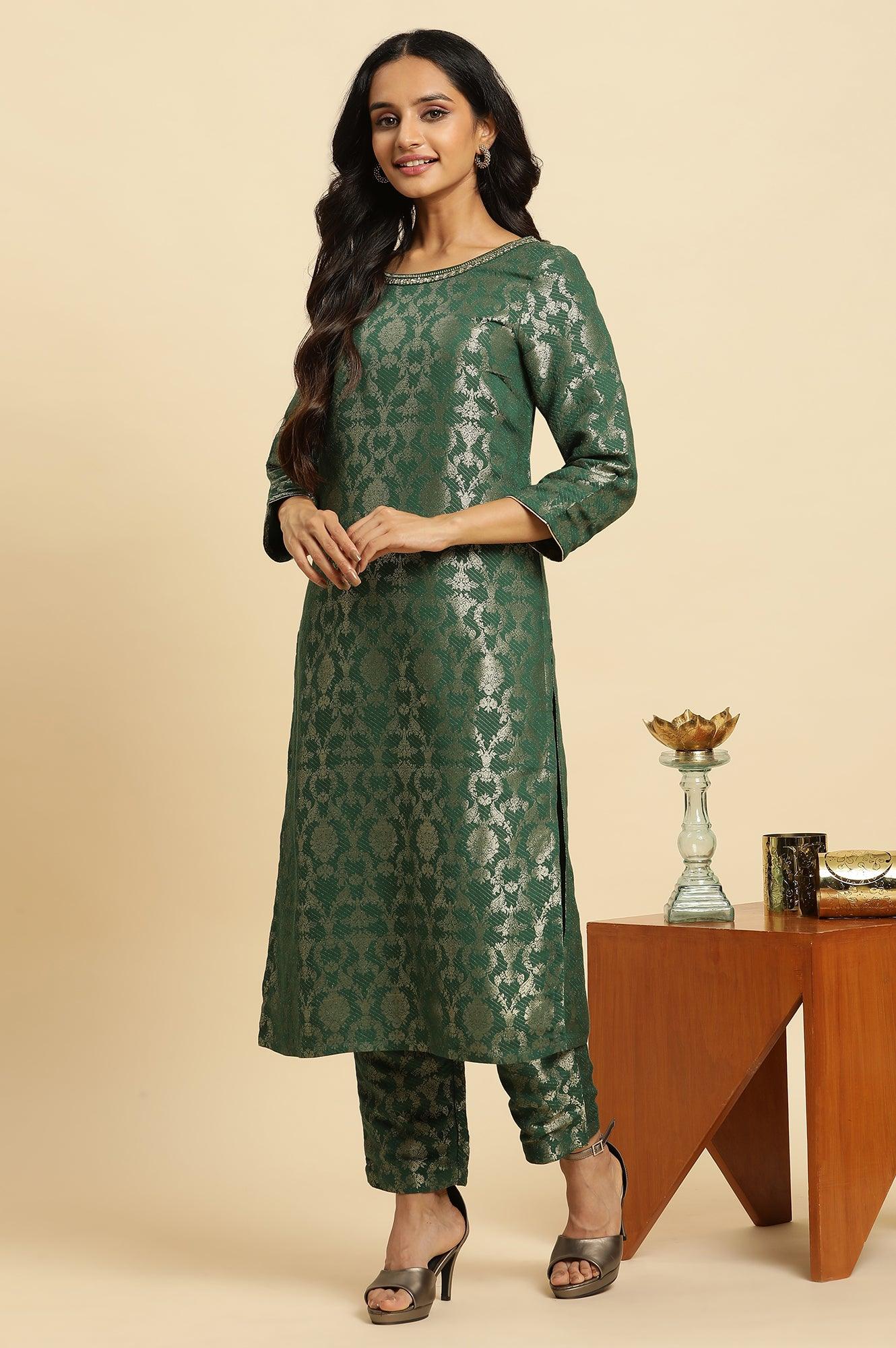 Green Rayon Jacquard Festive Kurta