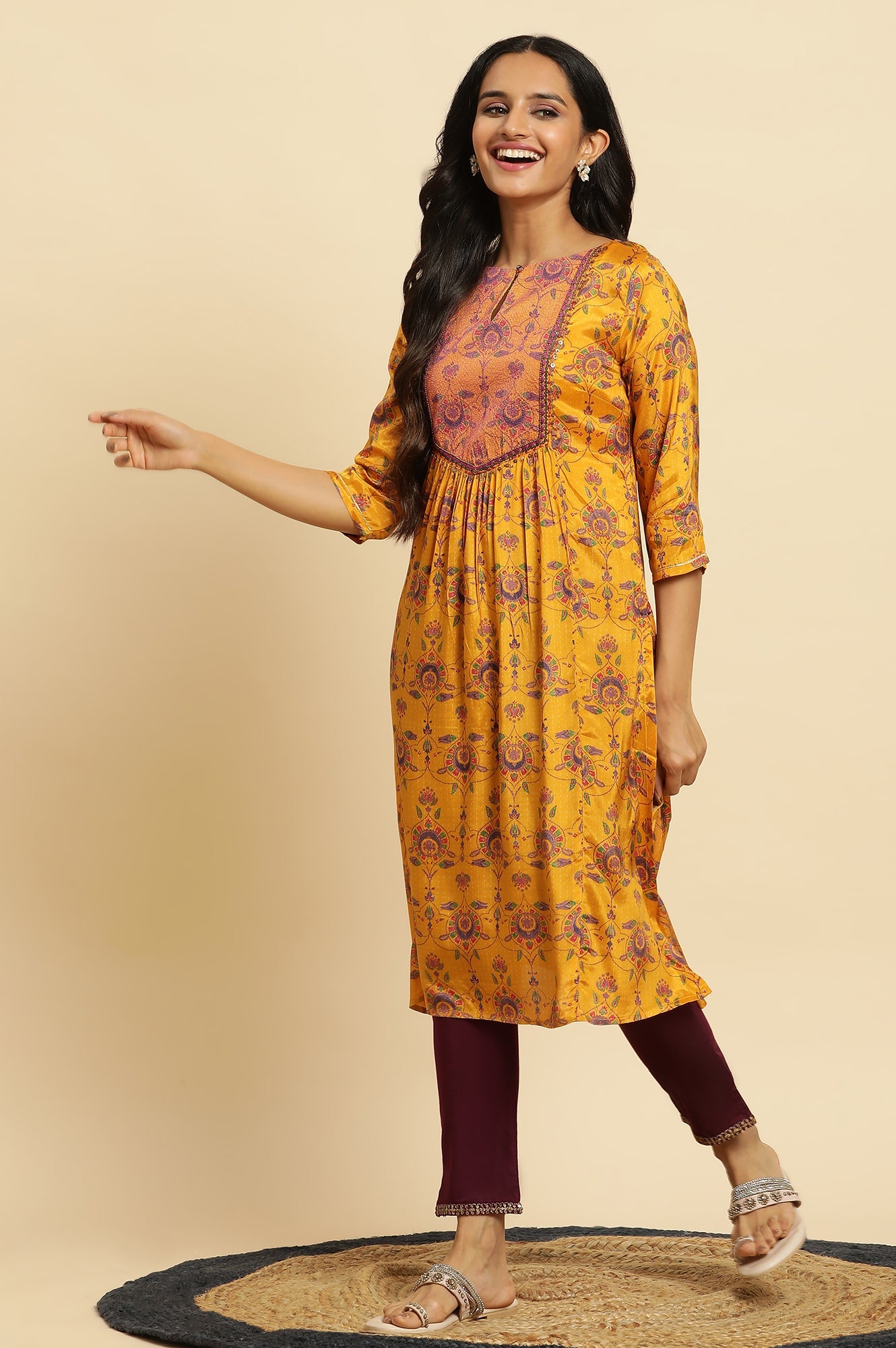 Yellow Shantung Kurta With Chunky Embellishment