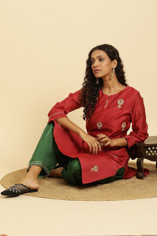 Red Chanderi Straight Kurta with Dori Embroidery