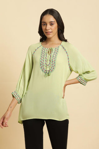 Sage Green Top With Embroidered Yoke