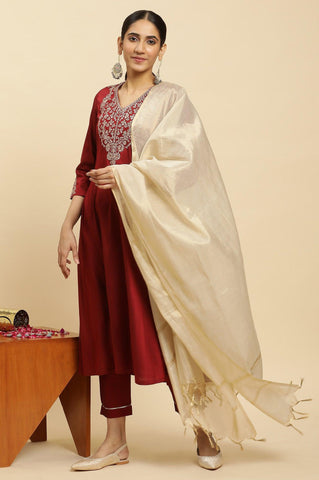 Red Panelled Embroidered Kurta, Slim Pants And Dupatta Set