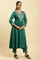 Green Panelled Embroidered Kurta, Slim Pants And Dupatta Set