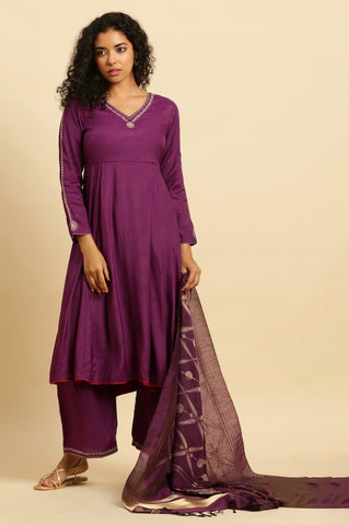 Purple Anarkali Festive Kurta, Parallel Pants And Dupatta Set