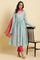 Blue Printed Anarkali Kurta, Pants & Dupatta Set