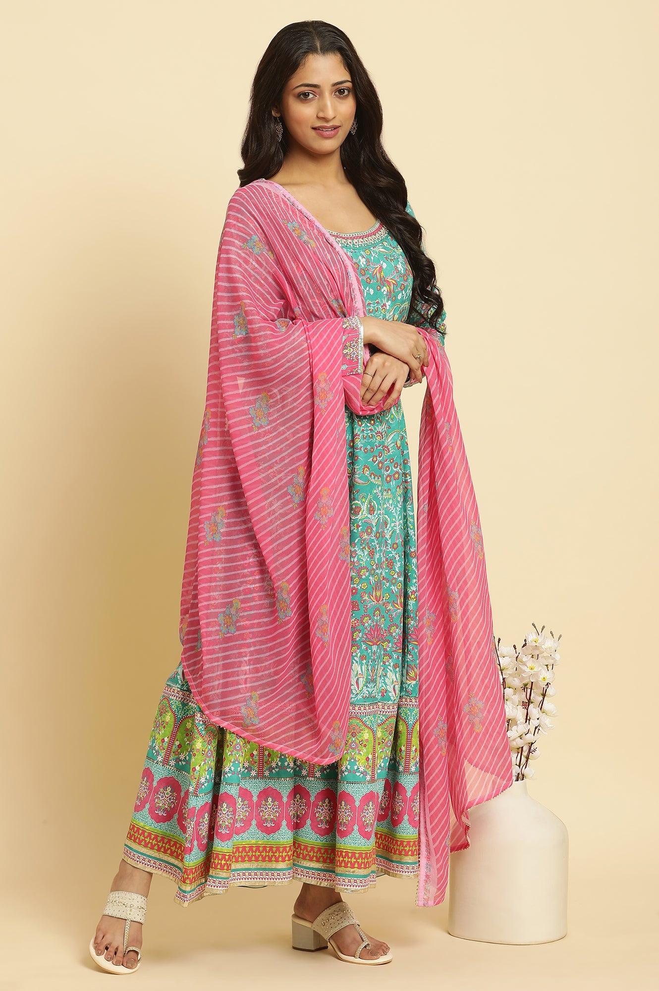 Teal Green Anarkali Printed Kurta, Tights And Dupatta Set