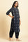 Navy Blue Printed Cotton Kurta & Pleated Pants Set