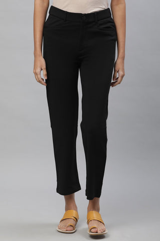 Black Solid Slim Fit Trousers With Elasticated Waist