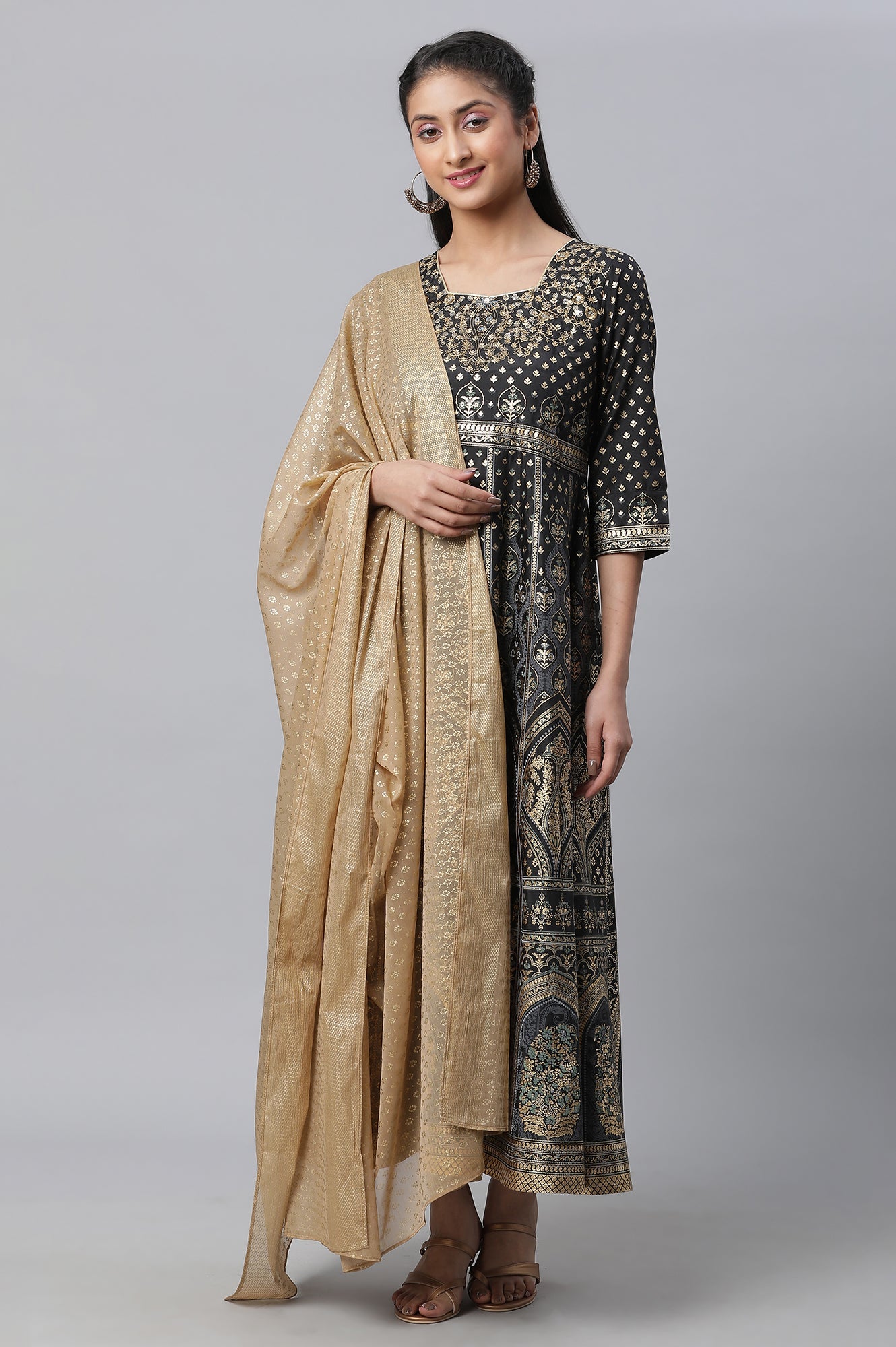 Black Embellished Dress, Tights & Dupatta Set