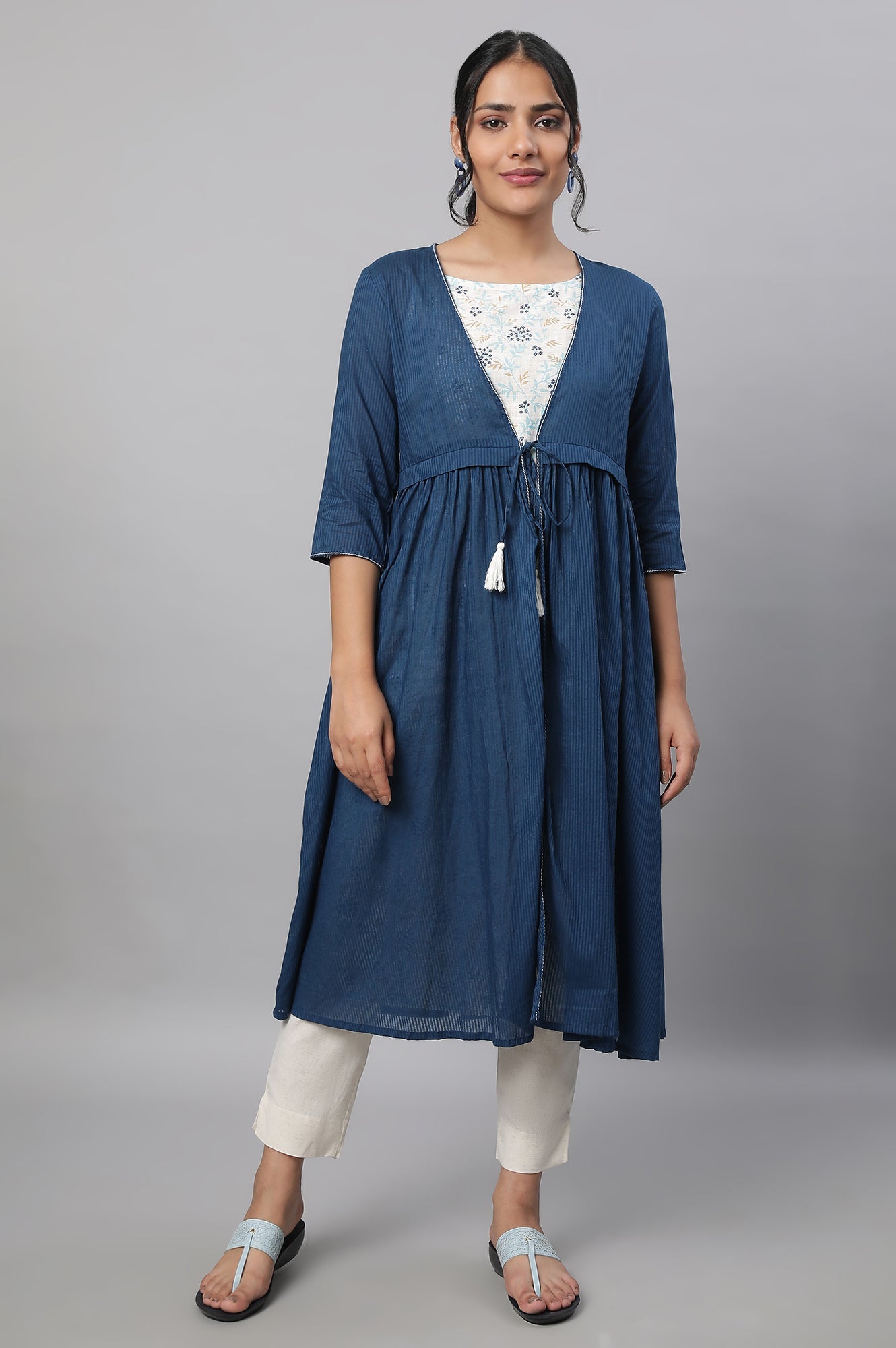 Blue Gathered Gillet, kurta & Trousers Set