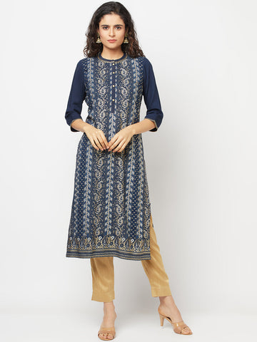 Blue Floral Printed LIVA kurta & Trousers Set