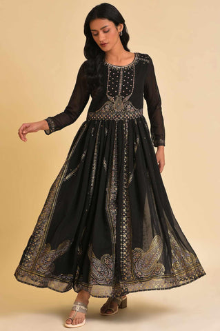 Black Foil Printed Victorian Dress