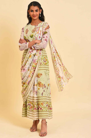 Ecru & Light Green Floral Printed Predrape Saree Dress