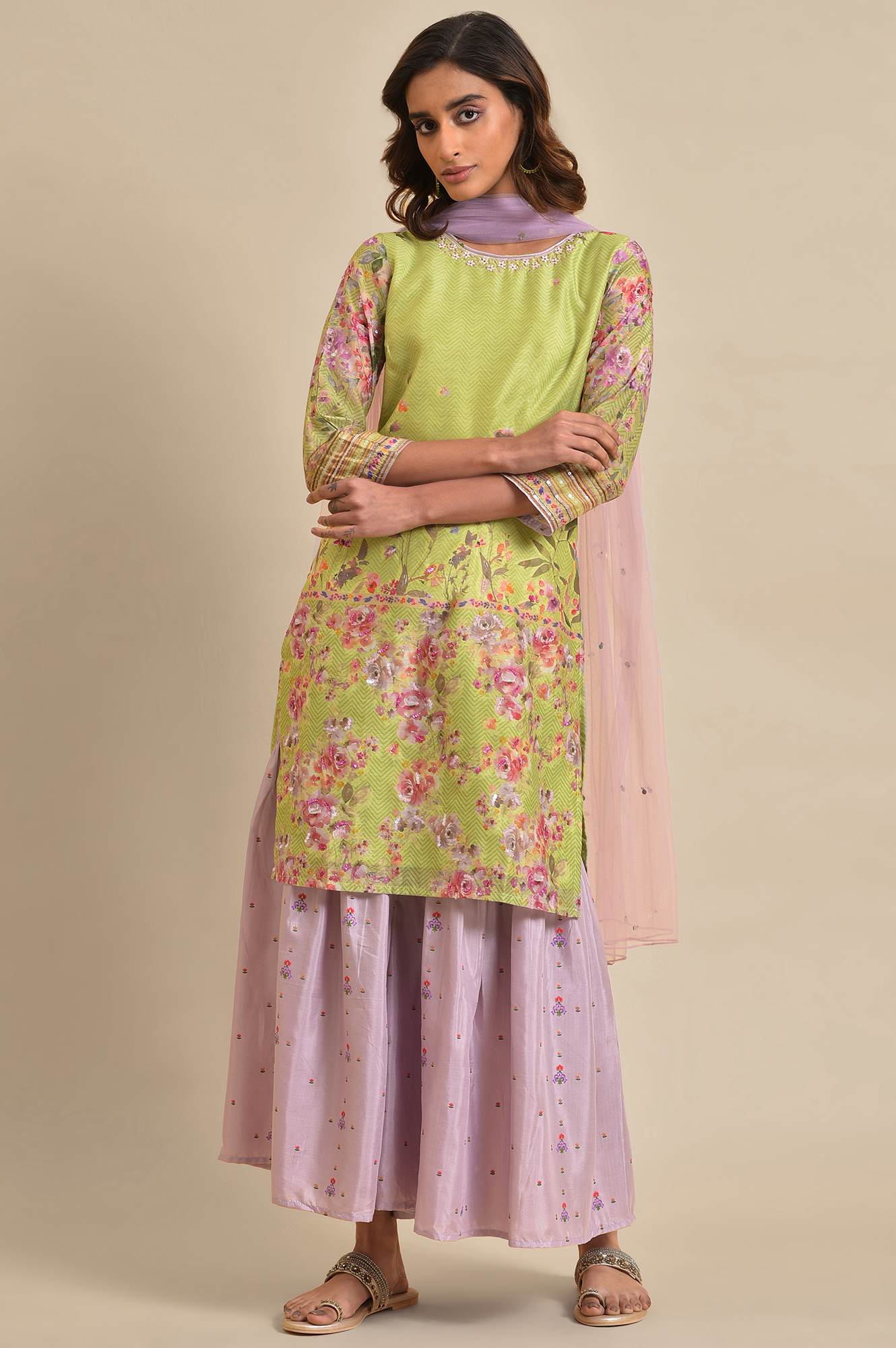 Green Chanderi Floral Printed kurta, Sharara & Dupatta Set