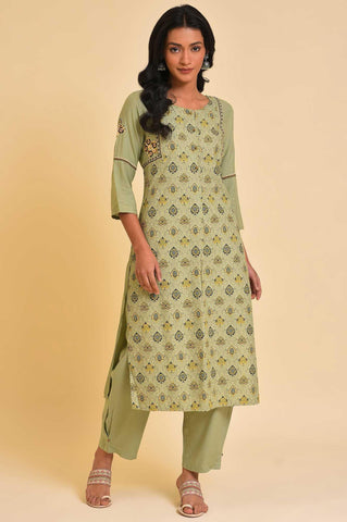 Light Green Embroidered Yoke Printed kurta