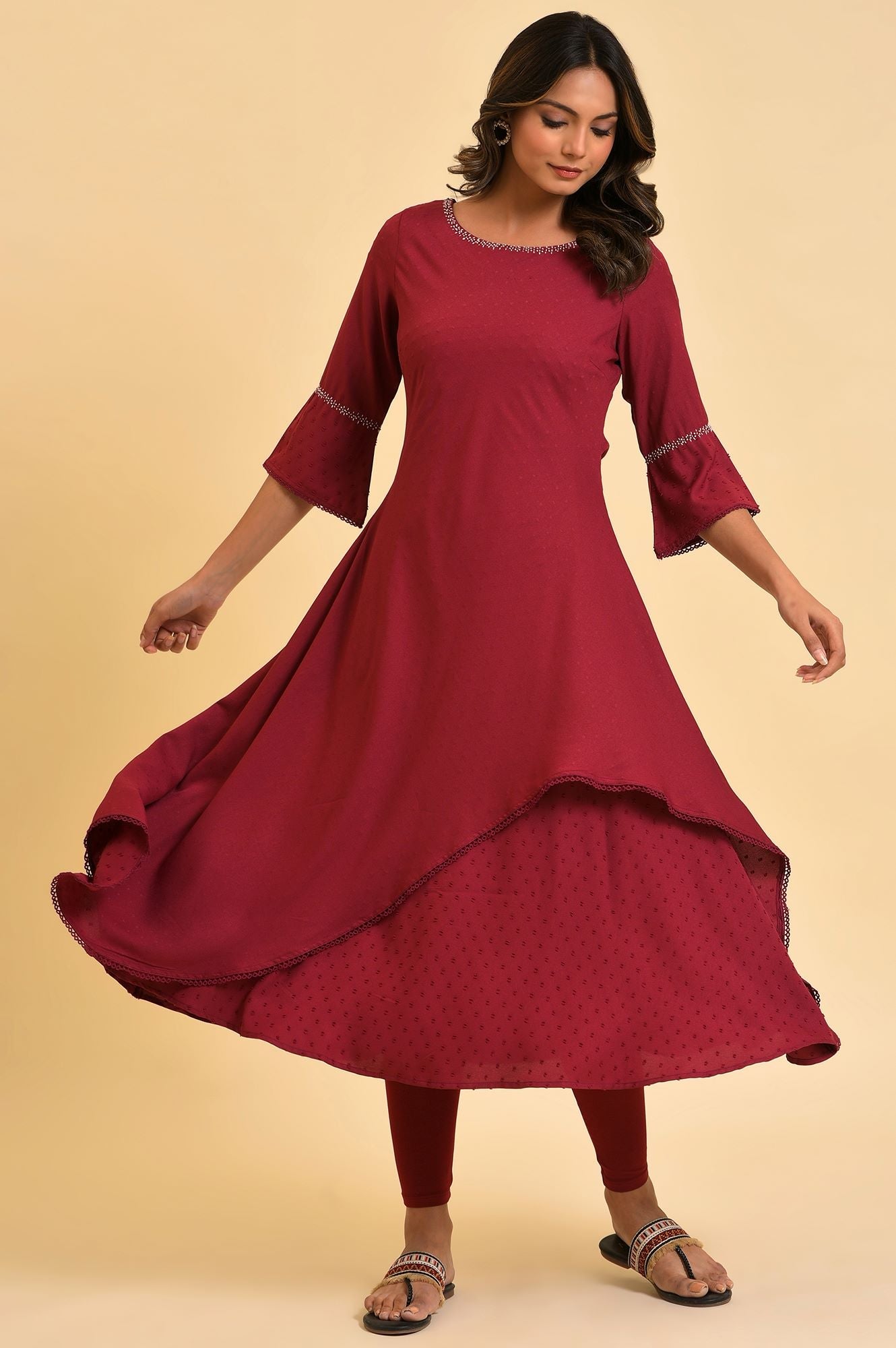 Maroon Mock Layered kurta In Moss Buti