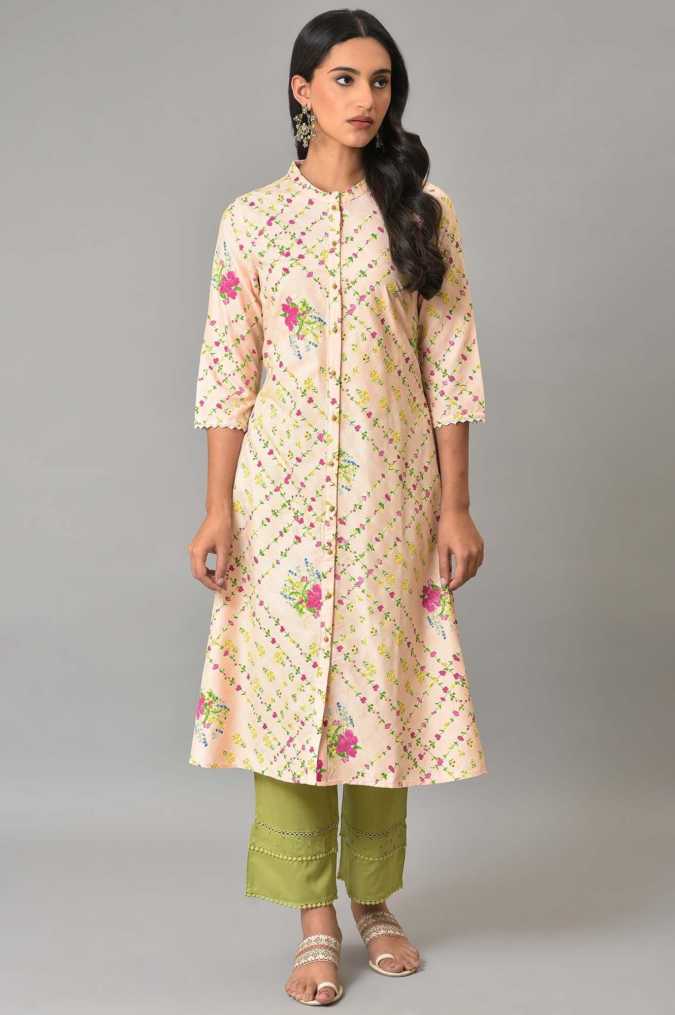 Light Orange A-Line Floral Printed kurta