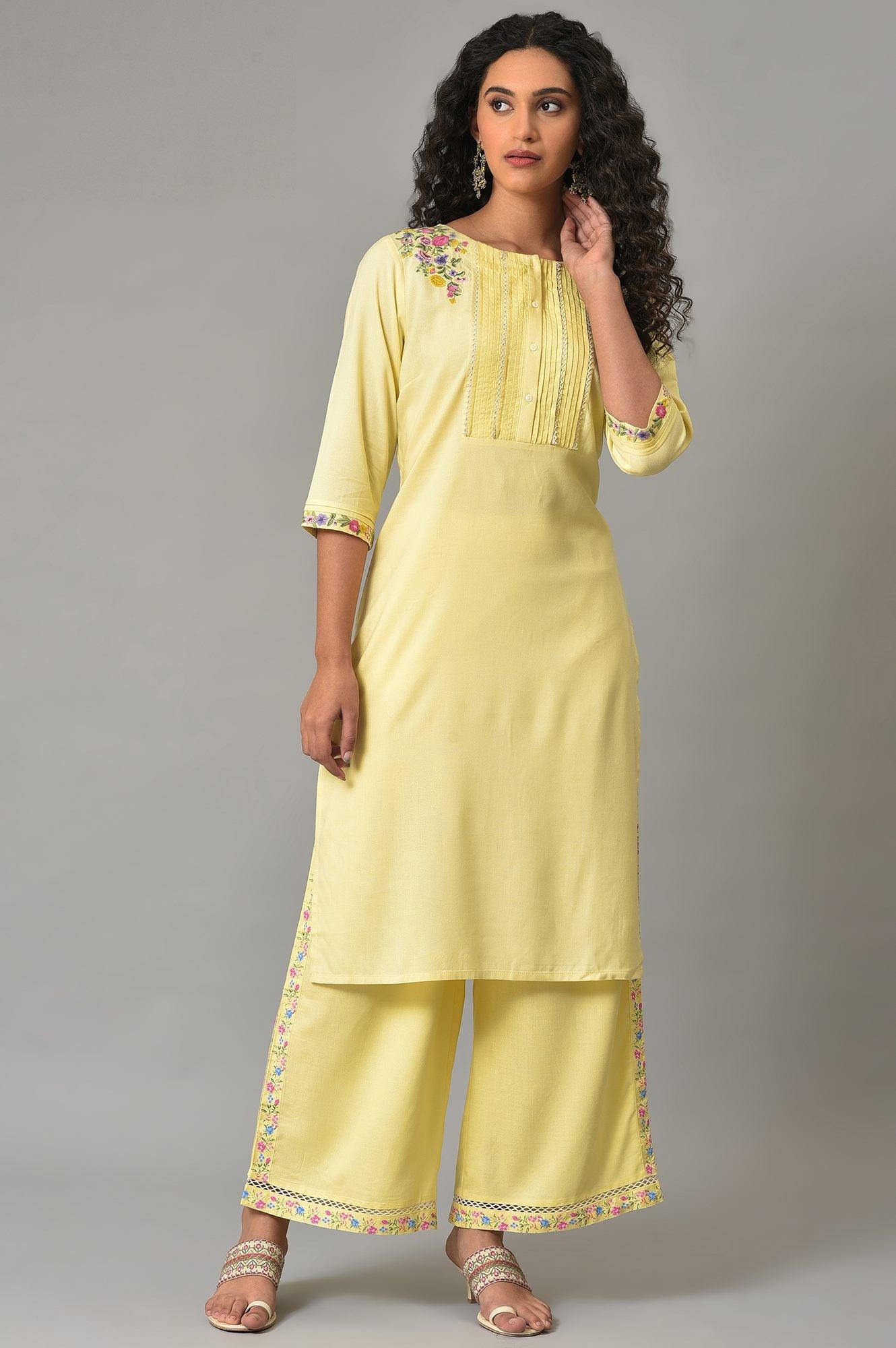 Yellow Embroidered Summer kurta With Pleats On Yoke