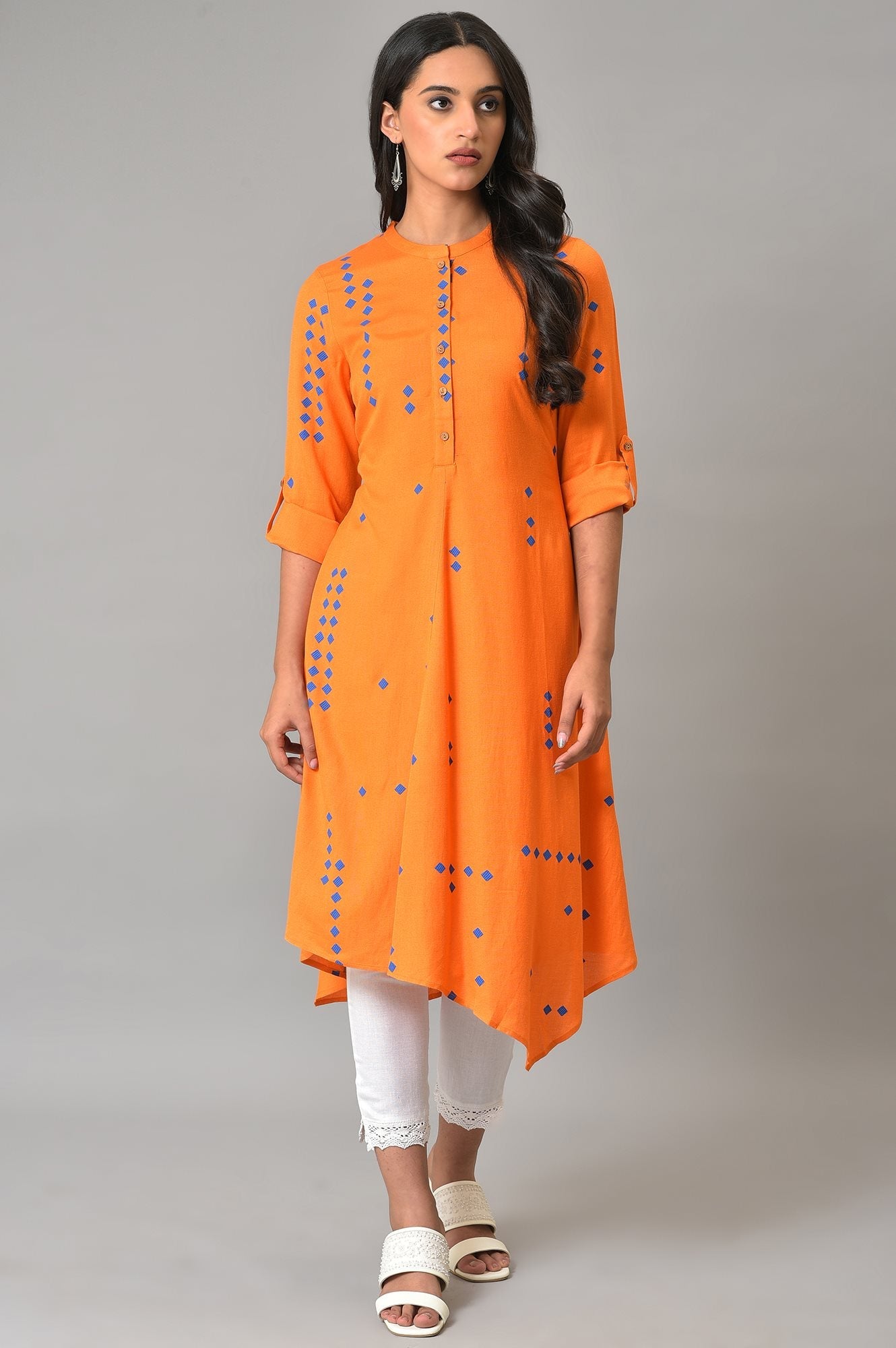 Orange Printed Asymmetrical Plus Size kurta