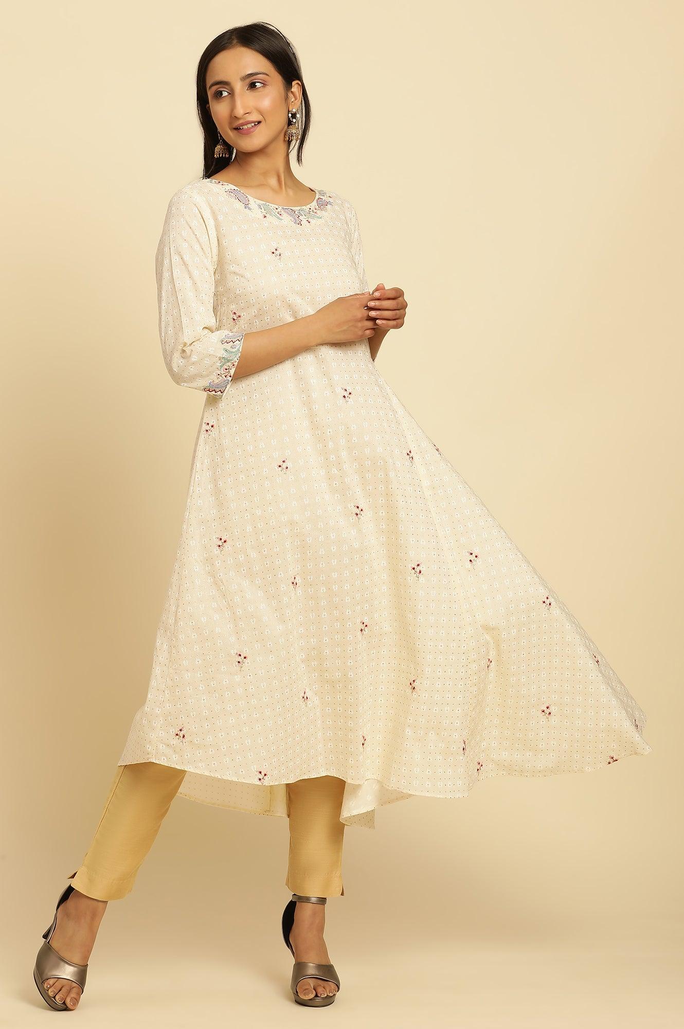 Ecru Embroidered Kurta With Asymmetrical Hemline