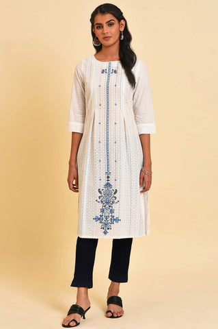 White Placement Print Dobby Plus Size kurta