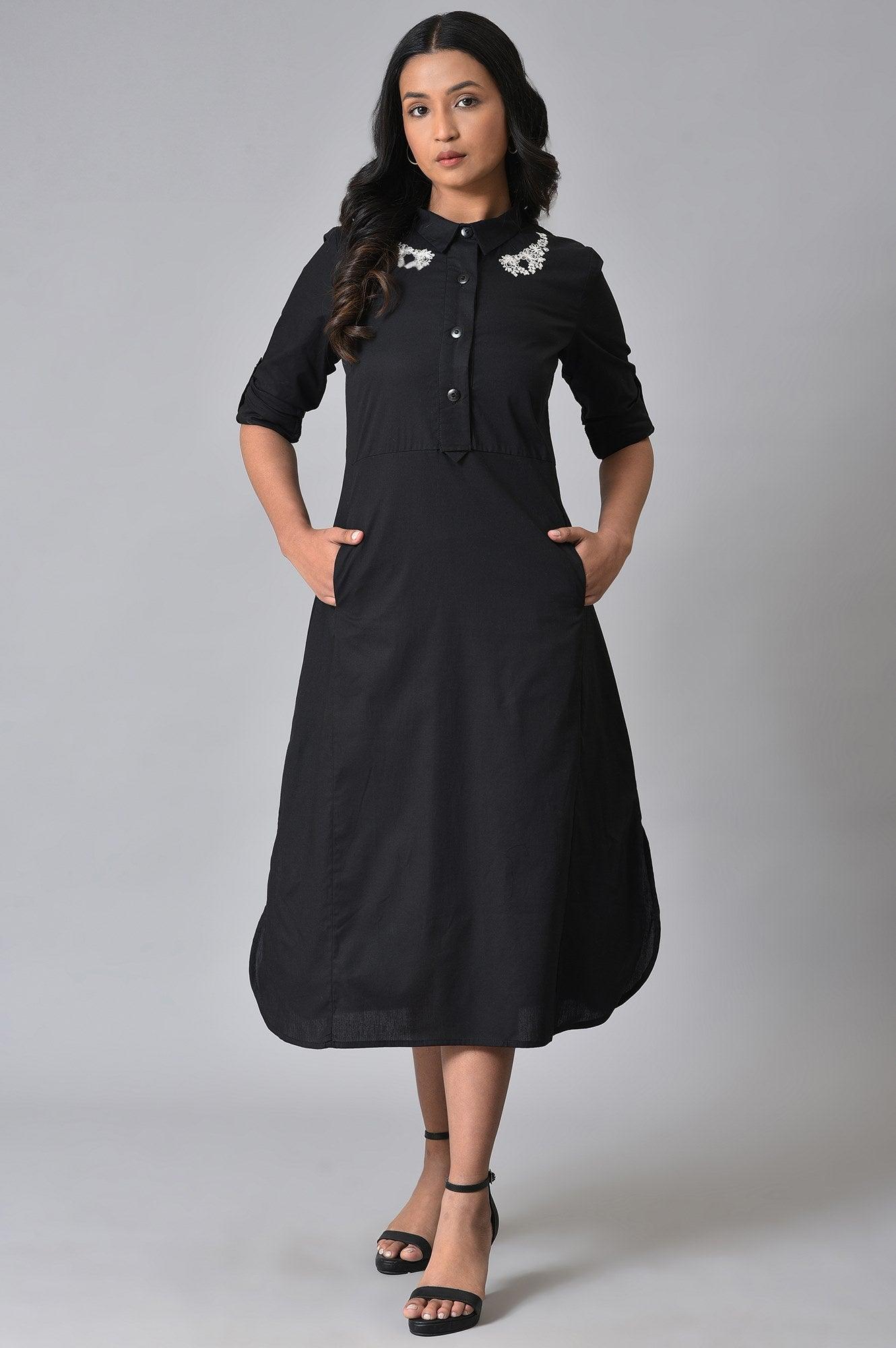 Black Cotton Embroidered Plus Size Shirt Dress