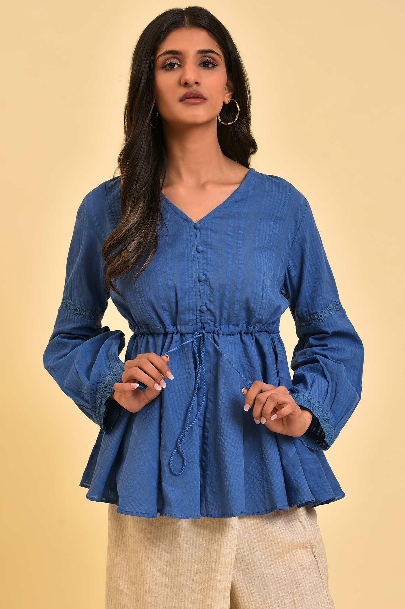 Blue Seer Sucker Peplum Top