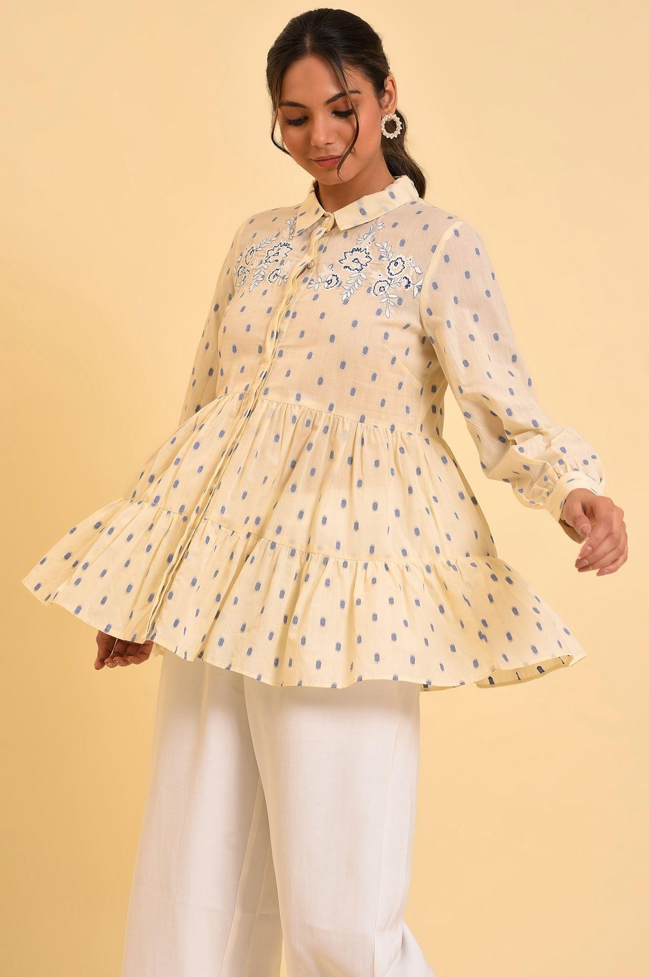 Biege Cotton Textured Top With Embroidery