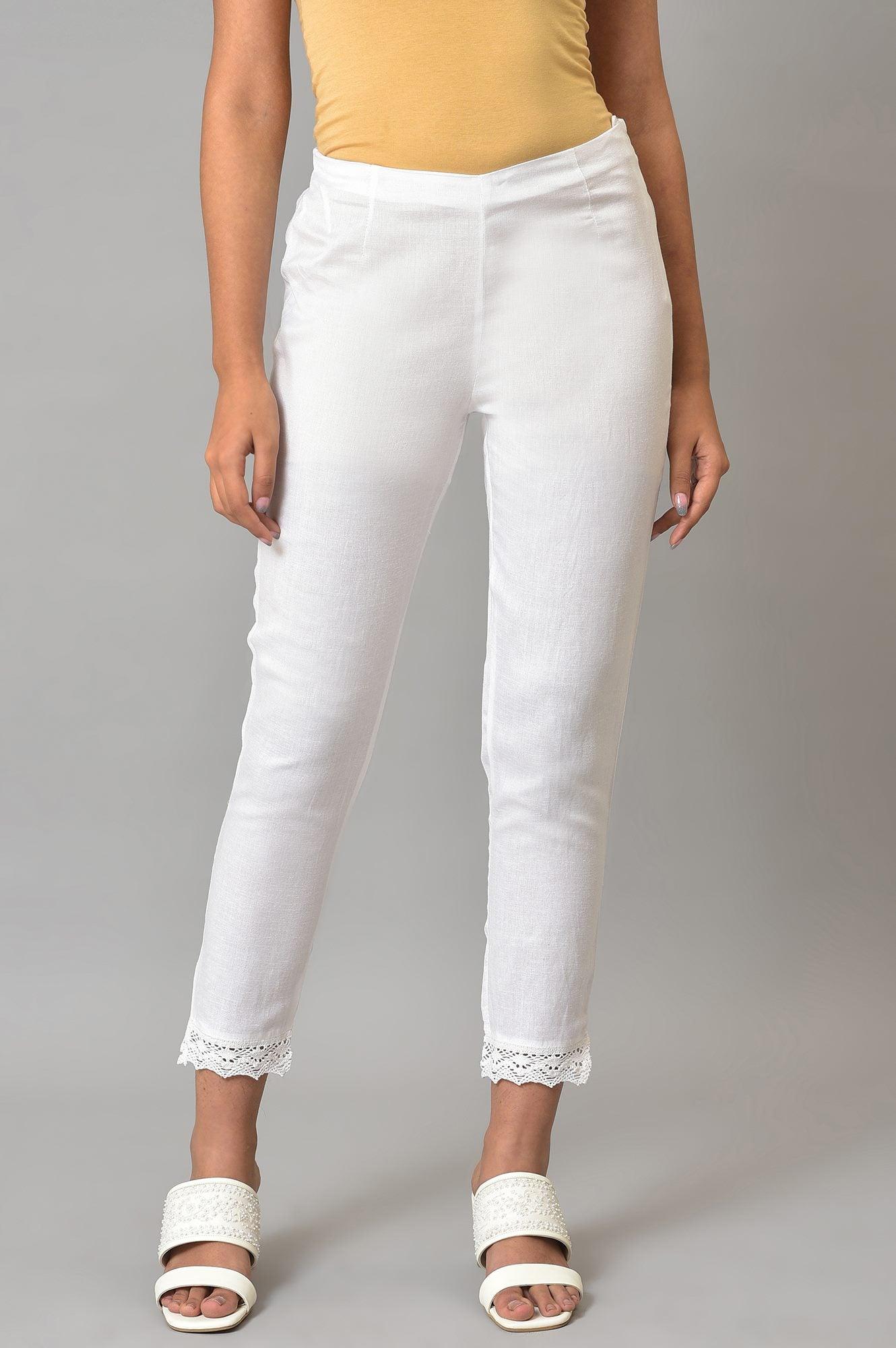 White Slim Pants With Lace Detail