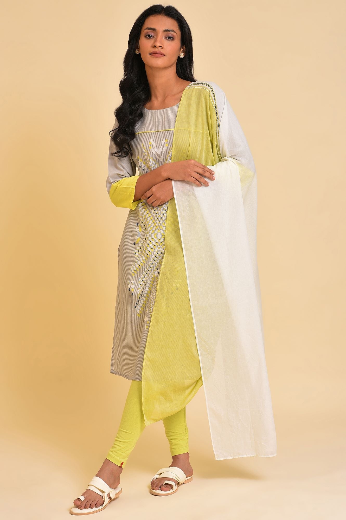 Light Green And White Colour Block Dupatta