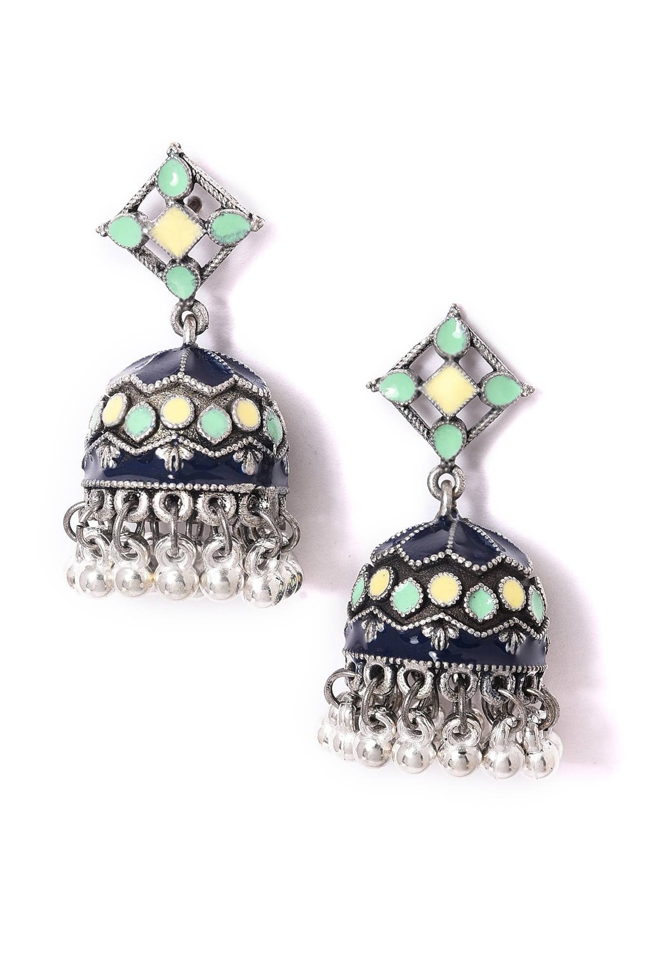 Blue & Green Silver Oxidised Jhumkas