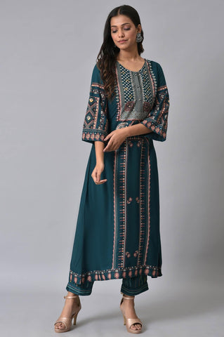 Teal Printed A-Line kurta Set