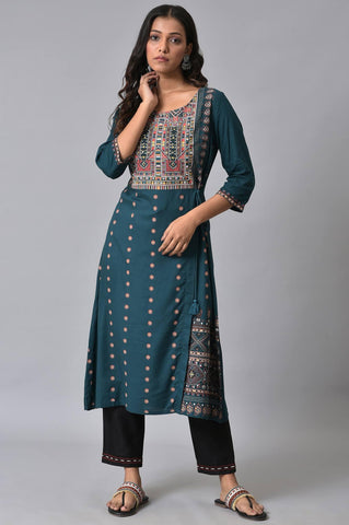 Teal Printed Mock-Layer kurta Set