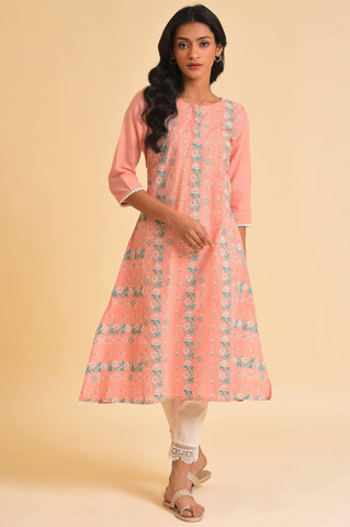 Peach Glitter Printed A-Line kurta & Pants Set