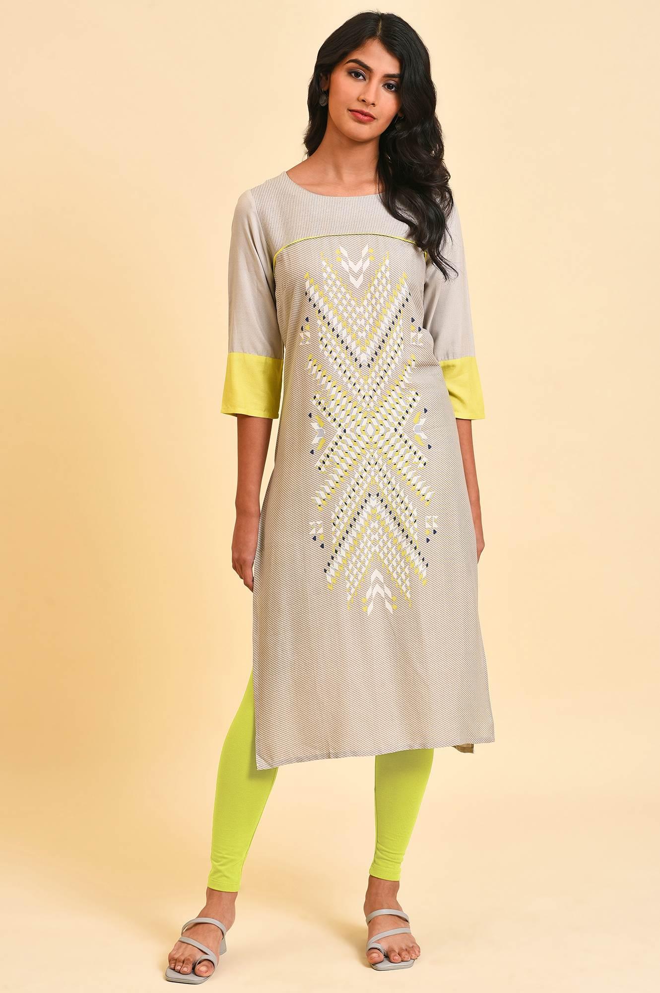 Grey Printed Straight kurta Set